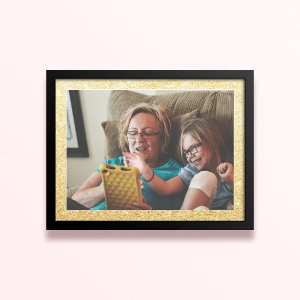 Simple framed prints designs with one photo in a gold glitter border.