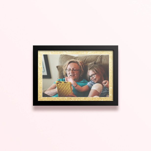 Simple framed prints designs with one photo in a gold glitter border.
