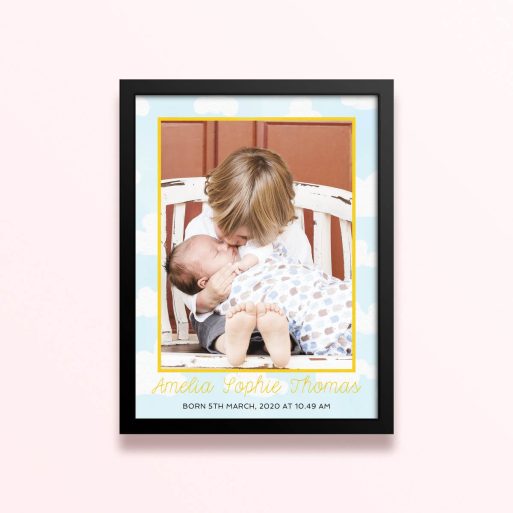 Simple framed prints designs featuring personalised baby photo and birth details.