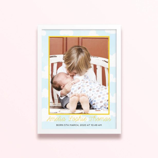 Simple framed prints designs featuring personalised baby photo and birth details.