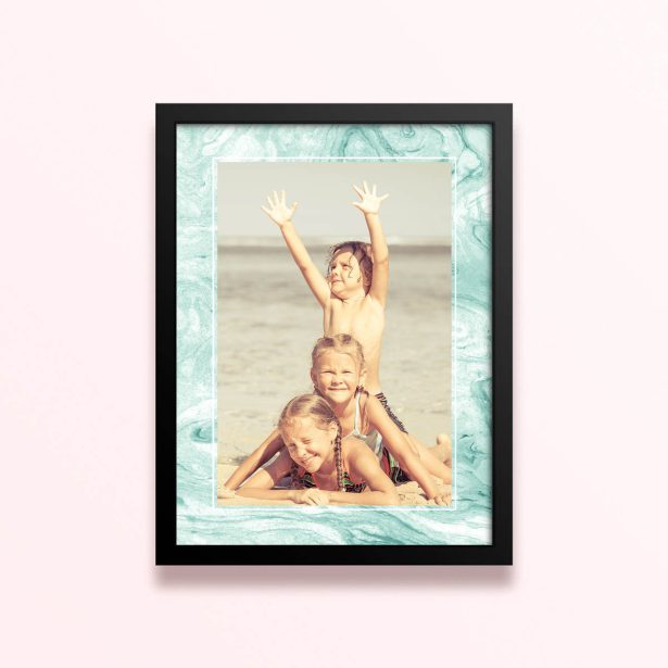 Simple framed prints designs with one photo in a turquoise marble frame.