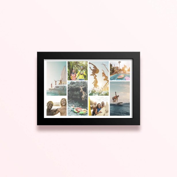 Simple framed prints designs featuring eight photos capturing outdoor activities and adventures.