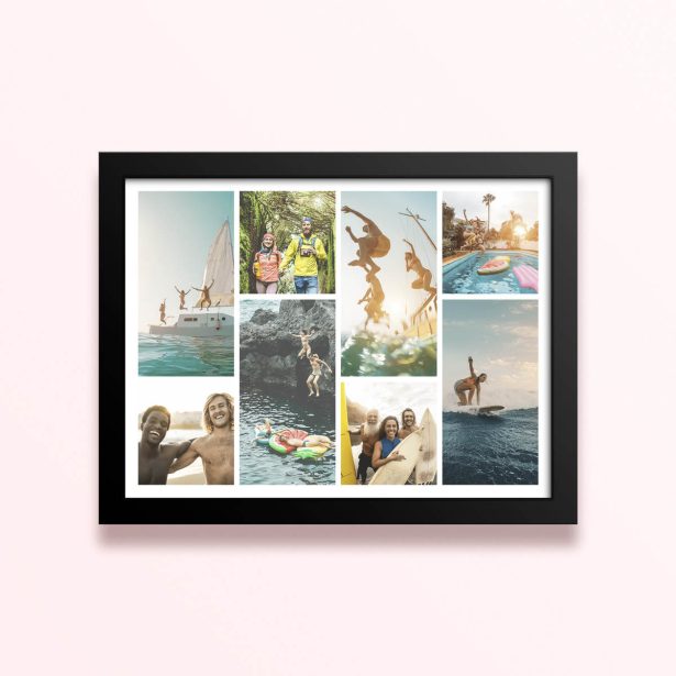 Simple framed prints designs featuring eight photos capturing outdoor activities and adventures.