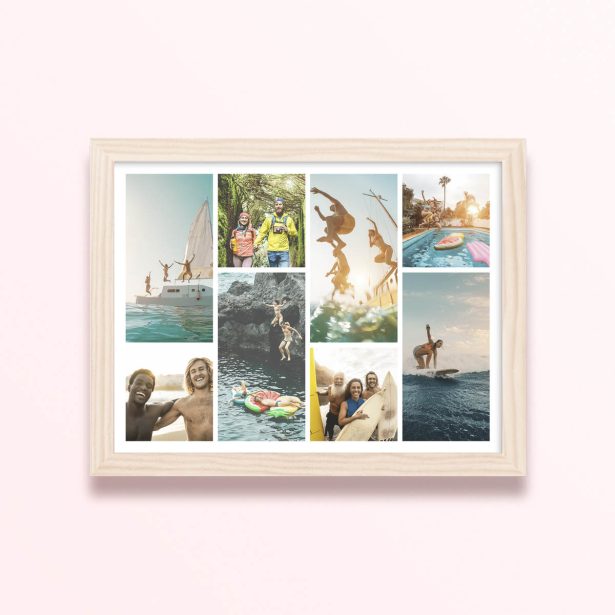 Simple framed prints designs featuring eight photos capturing outdoor activities and adventures.