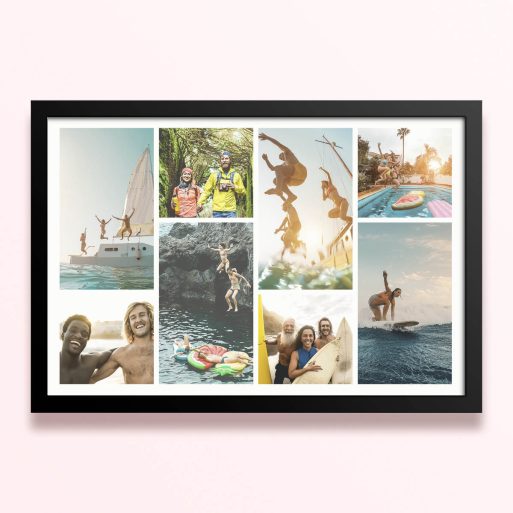Simple framed prints designs featuring eight photos capturing outdoor activities and adventures.