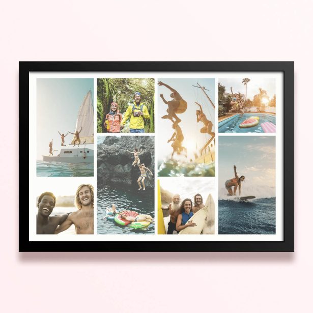 Simple framed prints designs featuring eight photos capturing outdoor activities and adventures.