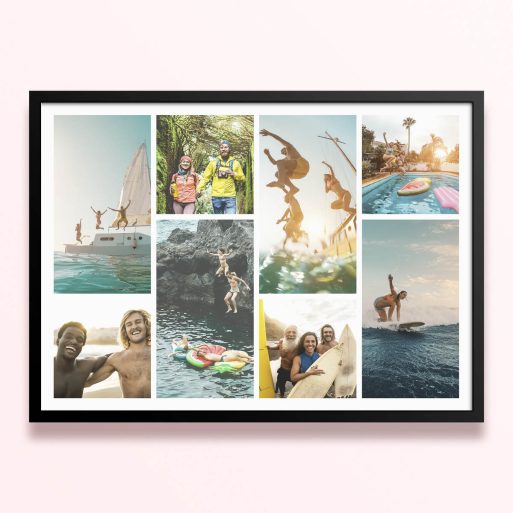 Simple framed prints designs featuring eight photos capturing outdoor activities and adventures.
