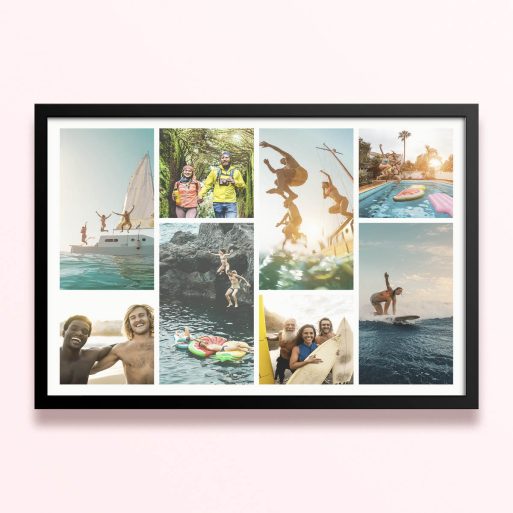 Simple framed prints designs featuring eight photos capturing outdoor activities and adventures.