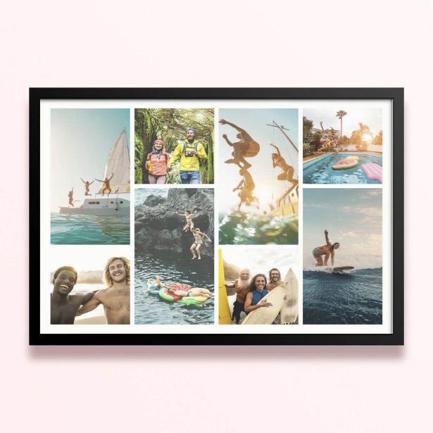 Simple framed prints designs featuring eight photos capturing outdoor activities and adventures.
