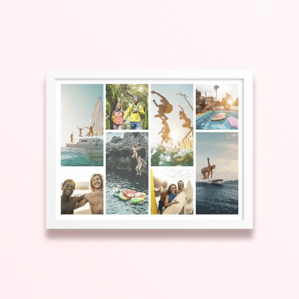 Simple framed prints designs featuring eight photos capturing outdoor activities and adventures.