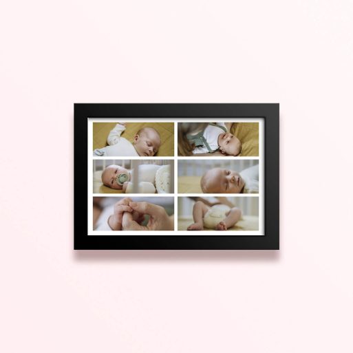 Simple framed prints designs showcasing six baby photos arranged in a grid layout.