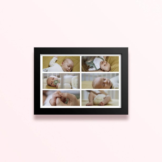 Simple framed prints designs showcasing six baby photos arranged in a grid layout.