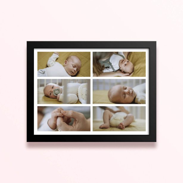 Simple framed prints designs showcasing six baby photos arranged in a grid layout.