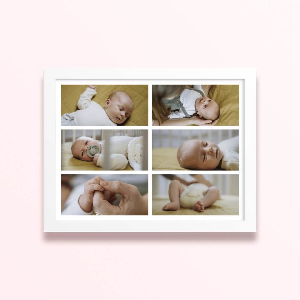 Simple framed prints designs showcasing six baby photos arranged in a grid layout.