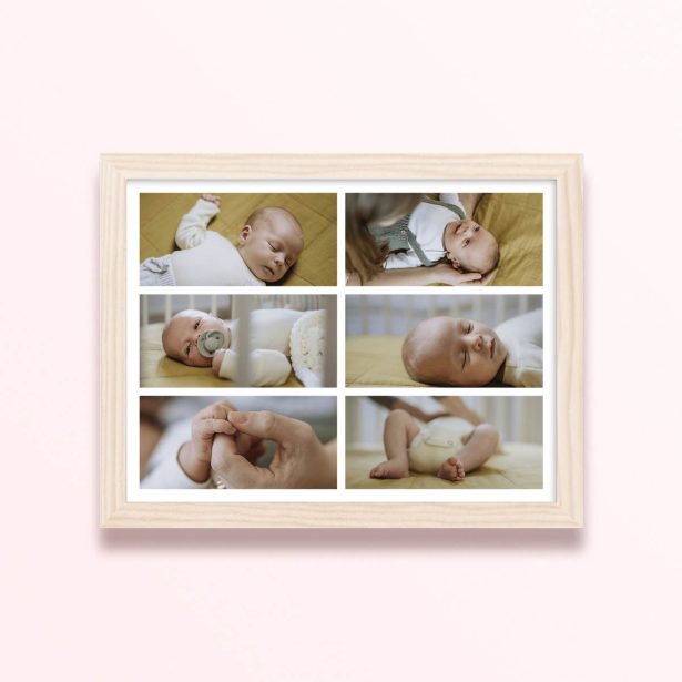 Simple framed prints designs showcasing six baby photos arranged in a grid layout.