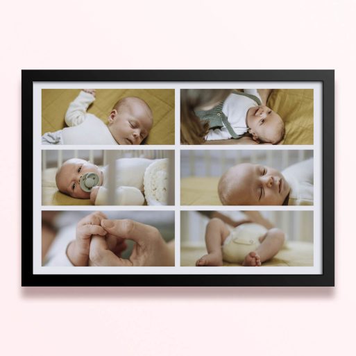 Simple framed prints designs showcasing six baby photos arranged in a grid layout.