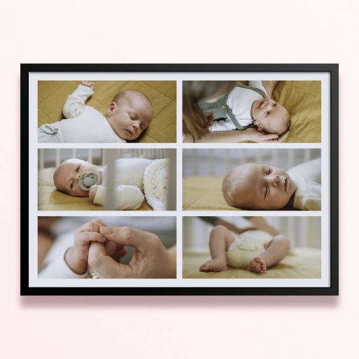 Simple framed prints designs showcasing six baby photos arranged in a grid layout.