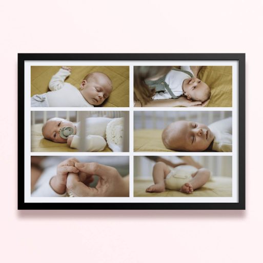 Simple framed prints designs showcasing six baby photos arranged in a grid layout.