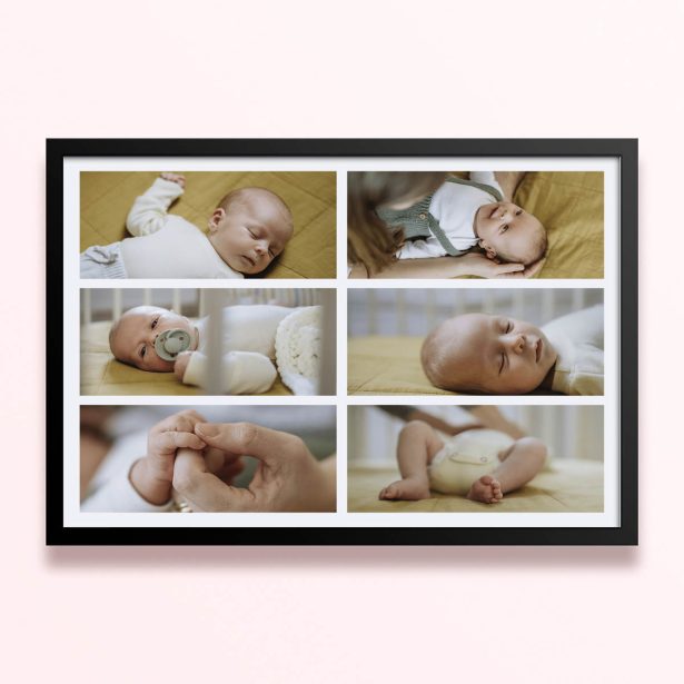 Simple framed prints designs showcasing six baby photos arranged in a grid layout.