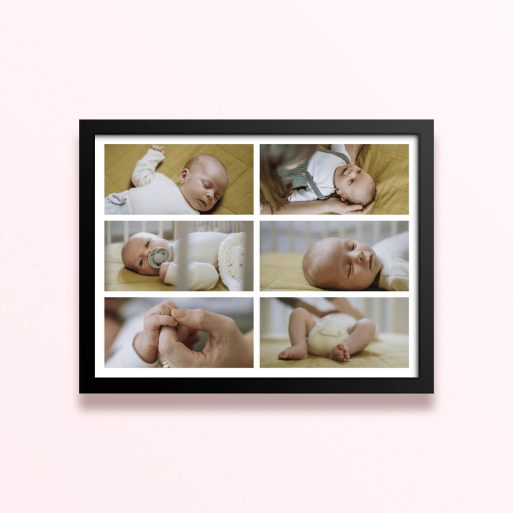 Simple framed prints designs showcasing six baby photos arranged in a grid layout.