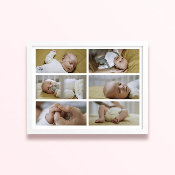 Simple framed prints designs showcasing six baby photos arranged in a grid layout.