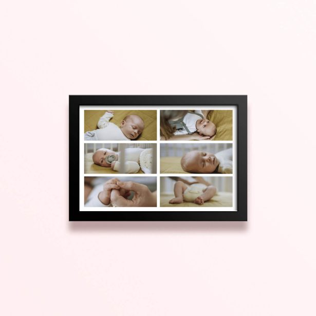 Simple framed prints designs showcasing six baby photos arranged in a grid layout.
