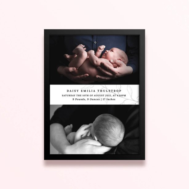 Simple framed prints designs with two photos of a baby on a birth announcement template