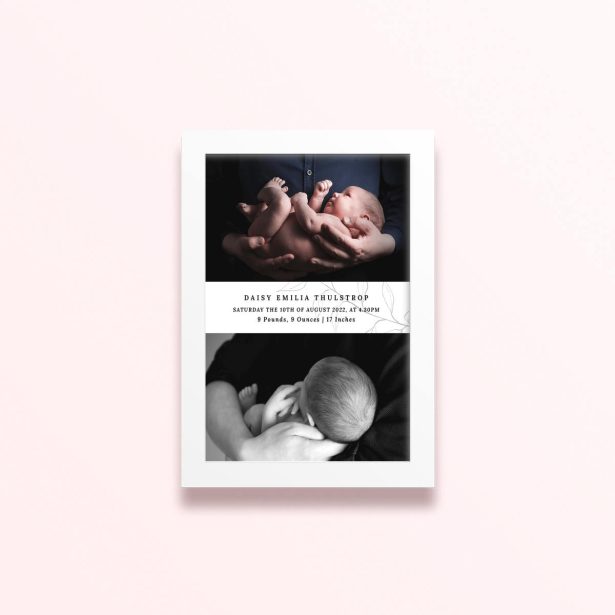 Simple framed prints designs with two photos of a baby on a birth announcement template