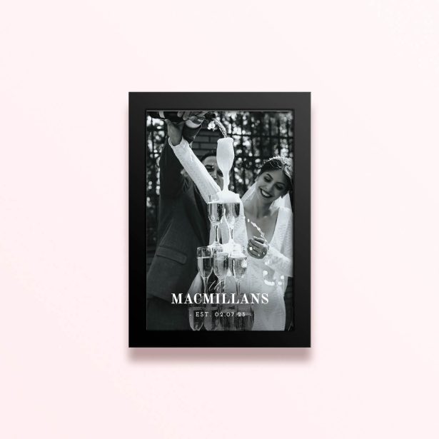 Simple framed prints designs: wedding couple pouring champagne into glasses, 1 photo
