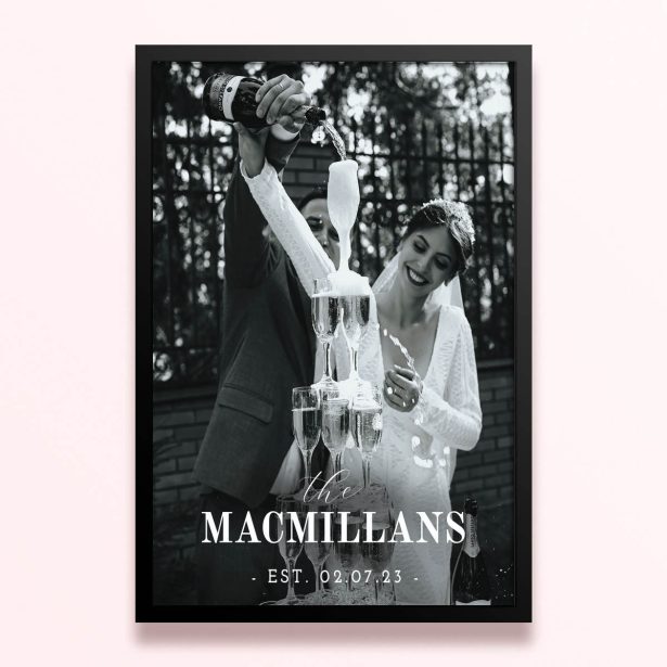 Simple framed prints designs: wedding couple pouring champagne into glasses, 1 photo