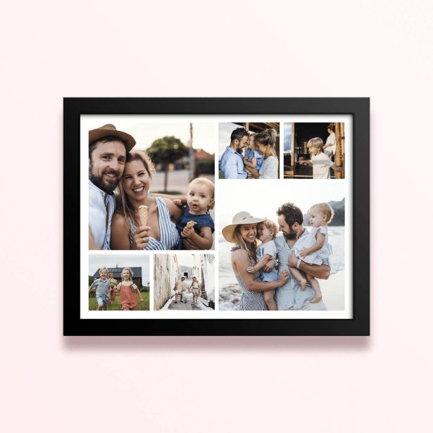 Simple framed prints designs featuring six photos of a family enjoying outdoor activities and moments