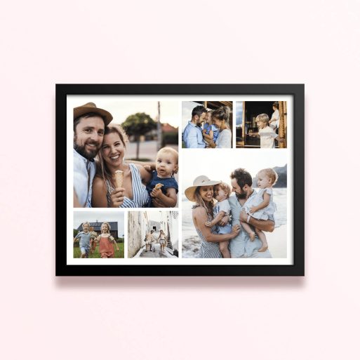 Simple framed prints designs featuring six photos of a family enjoying outdoor activities and moments