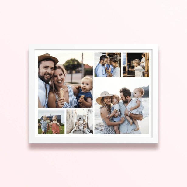 Simple framed prints designs featuring six photos of a family enjoying outdoor activities and moments