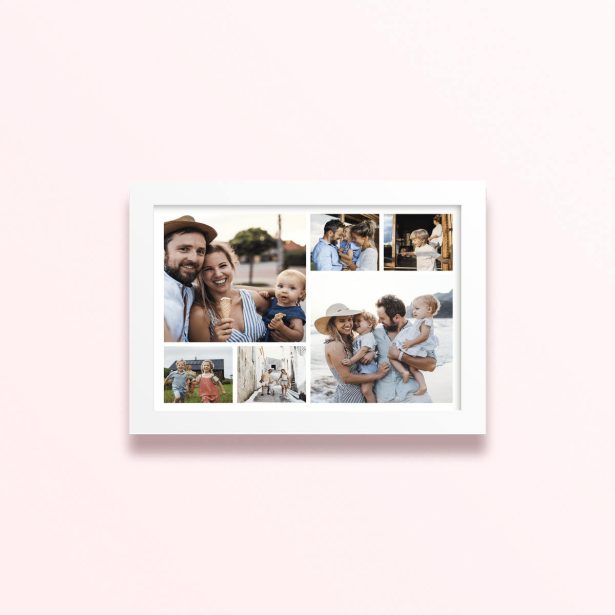 Simple framed prints designs featuring six photos of a family enjoying outdoor activities and moments