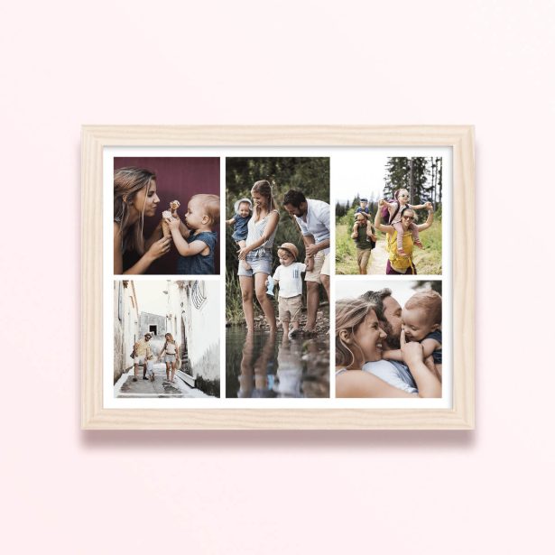 Simple framed prints designs featuring five family photos in various outdoor settings.