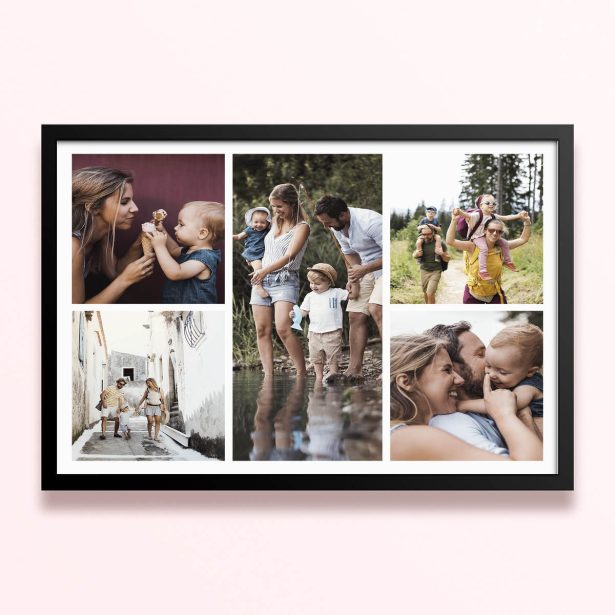 Simple framed prints designs featuring five family photos in various outdoor settings.