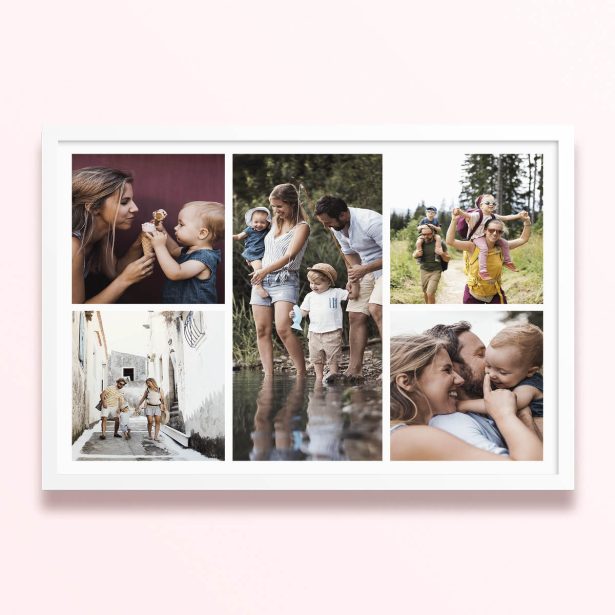 Simple framed prints designs featuring five family photos in various outdoor settings.