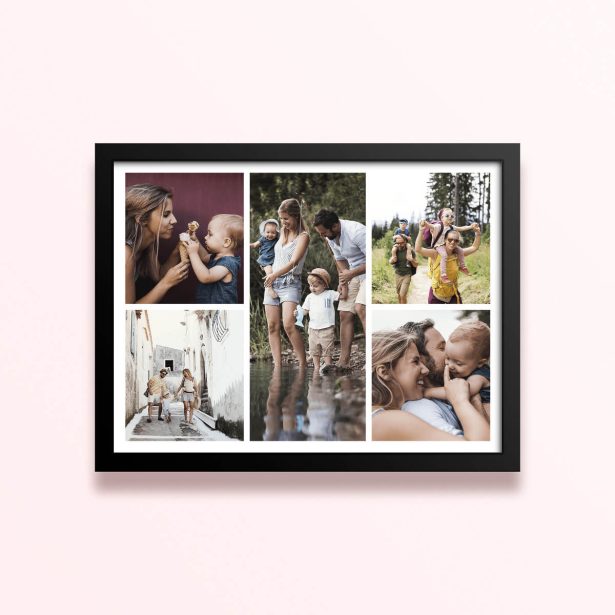 Simple framed prints designs featuring five family photos in various outdoor settings.