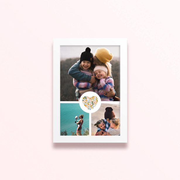 Simple framed prints designs with three photos and floral heart illustration.