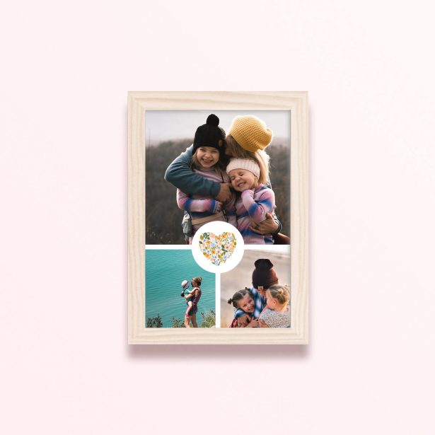 Simple framed prints designs with three photos and floral heart illustration.