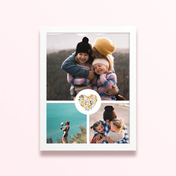 Simple framed prints designs with three photos and floral heart illustration.