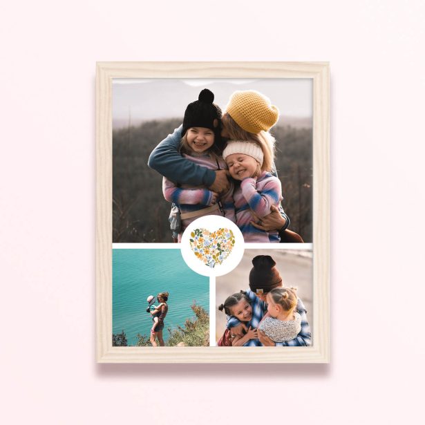 Simple framed prints designs with three photos and floral heart illustration.