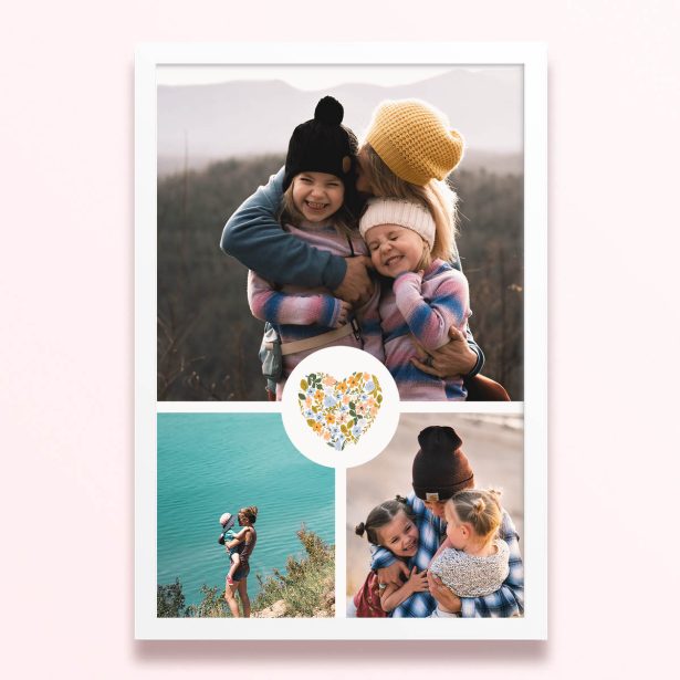 Simple framed prints designs with three photos and floral heart illustration.