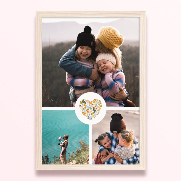 Simple framed prints designs with three photos and floral heart illustration.