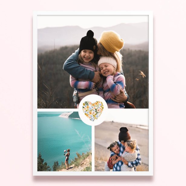 Simple framed prints designs with three photos and floral heart illustration.