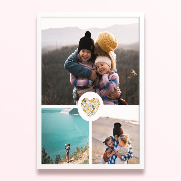 Simple framed prints designs with three photos and floral heart illustration.