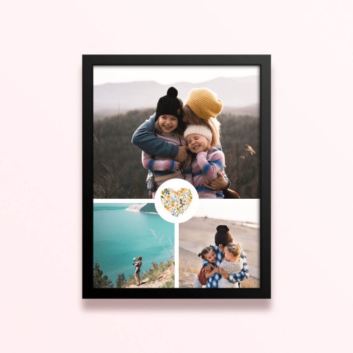 Simple framed prints designs with three photos and floral heart illustration.