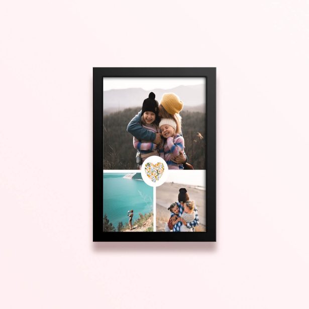 Simple framed prints designs with three photos and floral heart illustration.