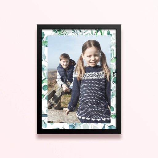 Simple framed prints designs with two photos and green leafy border.