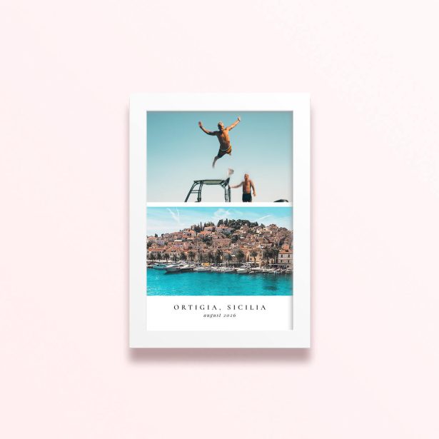 Simple framed print designs with two photos of a coastal town and people on a boat.
